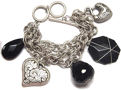 Genuine stone and heart charm multi chain toggle bracelet