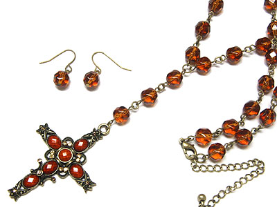 Genuine glass cross necklace and earring set