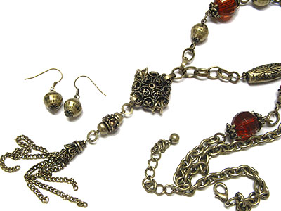 Burnish metal tassel drop beads necklace and earring set