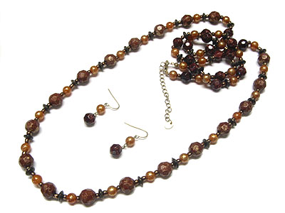 Patina beads long necklace and earring set