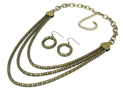 3 row woven style metal chain necklace and earring set