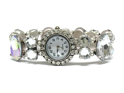 Crystal round face big epoxy stone stretch bbracelet watch