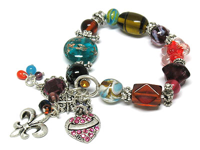 Genuine glass art beads and crystal heart charm stretch bracelet