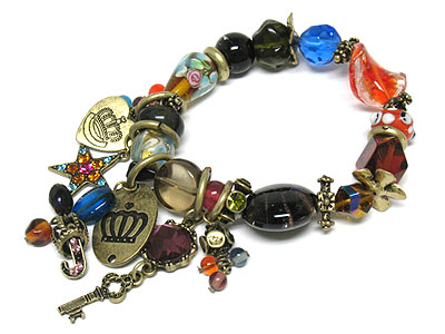 Genuine glass art beads and crystal crown and key charm stretch bracelet