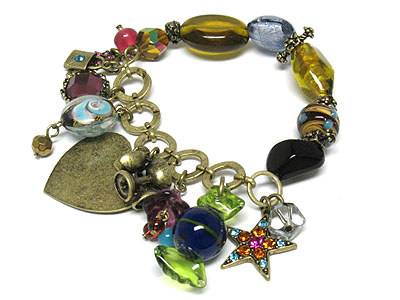 Genuine glass art beads and crystal star and heart charm stretch bracelet