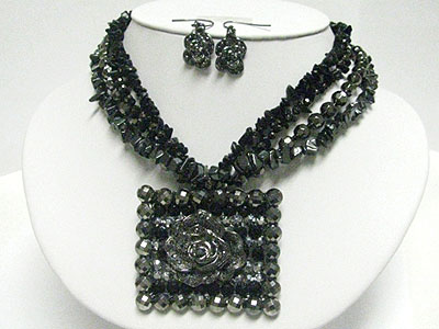 Metallic stone large square pendant multi strand necklace earring set