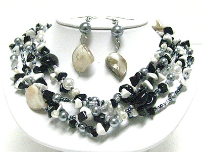 Multi strand shell disk and chip stone necklace set