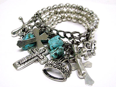 Multi cross charm and stone dangle stretch bracelet