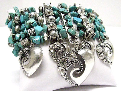 Heart charm multi row natural chip stone stretch bracelet