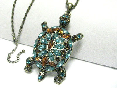 Crystal turtle pendant long chain necklace