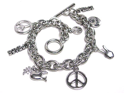 Peace theme multi charm toggle bracelet