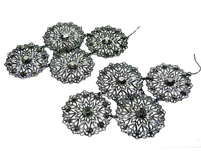 Crystal stud metal filigree round disk drop earring