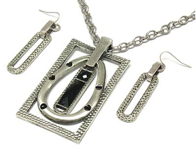 Metal large rectangle and acryl stone deco tear pattern pendant necklace and earring set