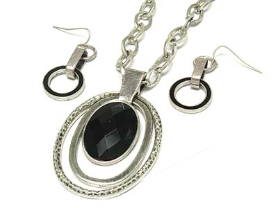 Metal acryl stone deco oval pattern pendant large chain necklace and earrig set 