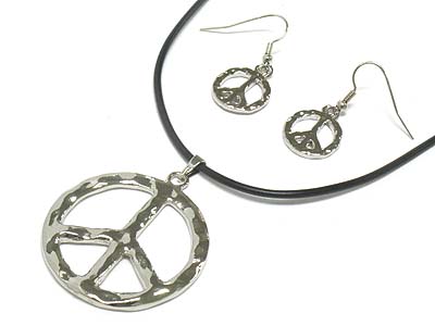 Metal peace pendant and simple cord necklace and earring set