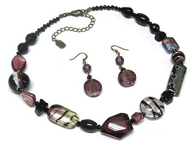 Multi marble and glass beads necklace and earring set