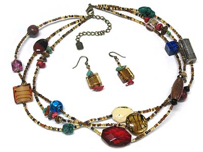 Multi strand and glass and chip stone deco seed bead necklace