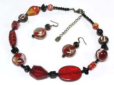 Multi marble and glass beads necklace and earring set