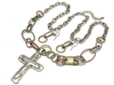 Antique style cross pendant multi long chain necklace and earring set