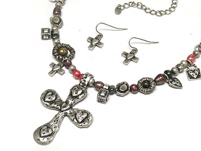 Antique style cross pendant and multi charms and beads strand necklace and earring set 