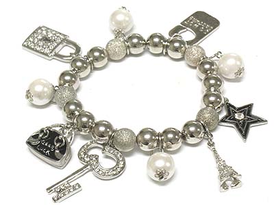 Crystal deco multi charms and pearl beads stretch metal beads bracelet