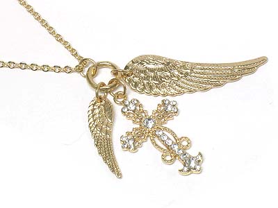 Crystal cross and angel wings charm necklace