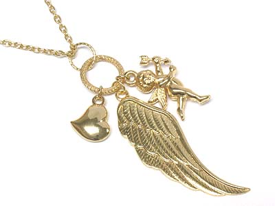 Metal wing and baby angel charm necklace 