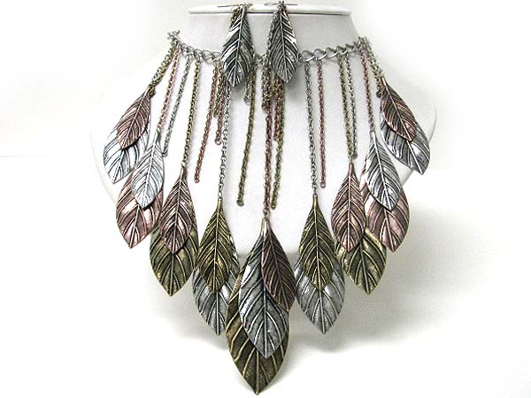 Multi burnish metal leaves dangle necklace earring set