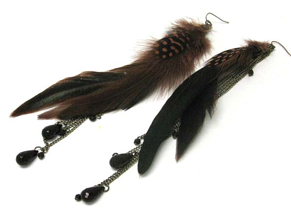 Natural feather and beads drop earring