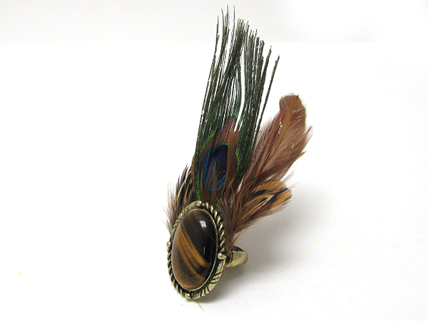 Natural feather and stone deco stretch ring