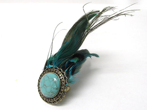 Natural feather and stone deco stretch ring