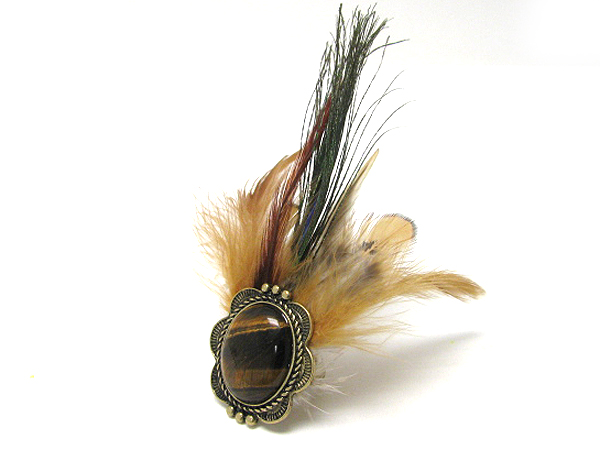 Natural feather and stone deco stretch ring