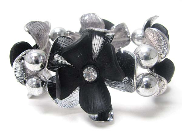 Crystal center metal flower link stretch bracelet