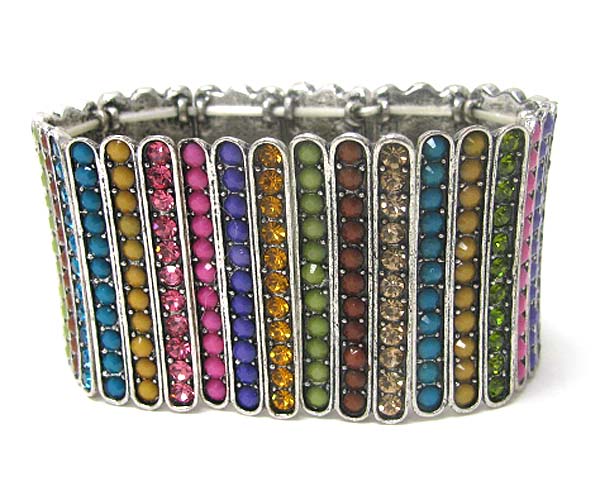 Multi crystal and acrylic stone stud metal bar link stretch bracelet