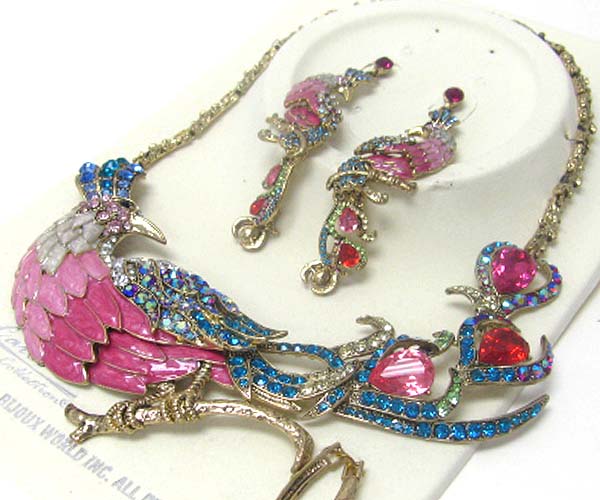 Luxurious austrian crystal line - crystal and epoxy deco large peacock necklace earring set