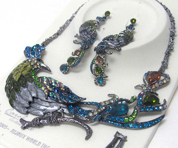 Luxurious austrian crystal line - crystal and epoxy deco large peacock necklace earring set