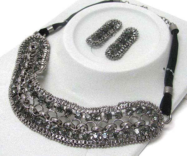 Multi crystal and chain link suede cord necklace earring set