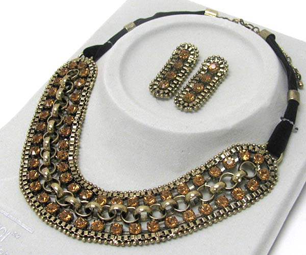 Multi crystal and chain link suede cord necklace earring set