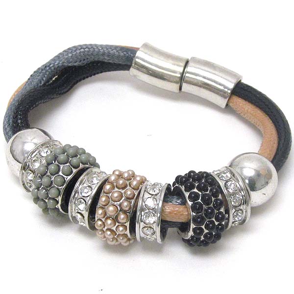 Crystal and pearl rondelle mix on cord band magnetic clasp bracelet