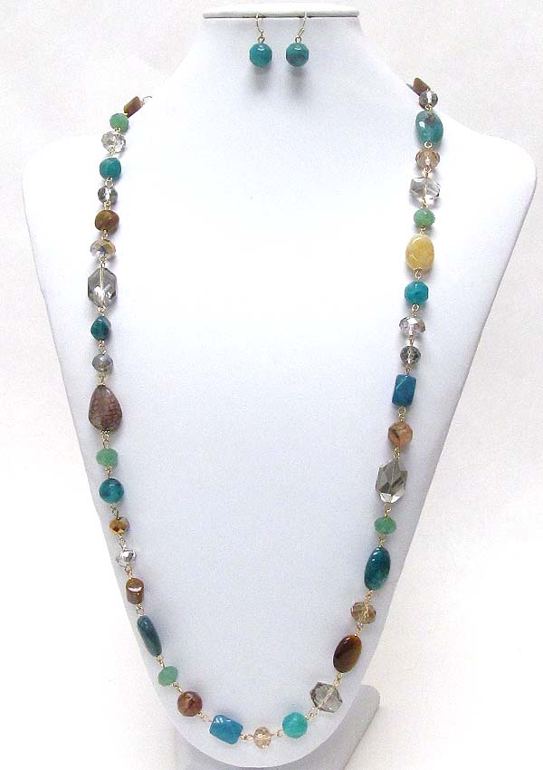 Multi semi precious natural stone mix boutique style long necklace earring set