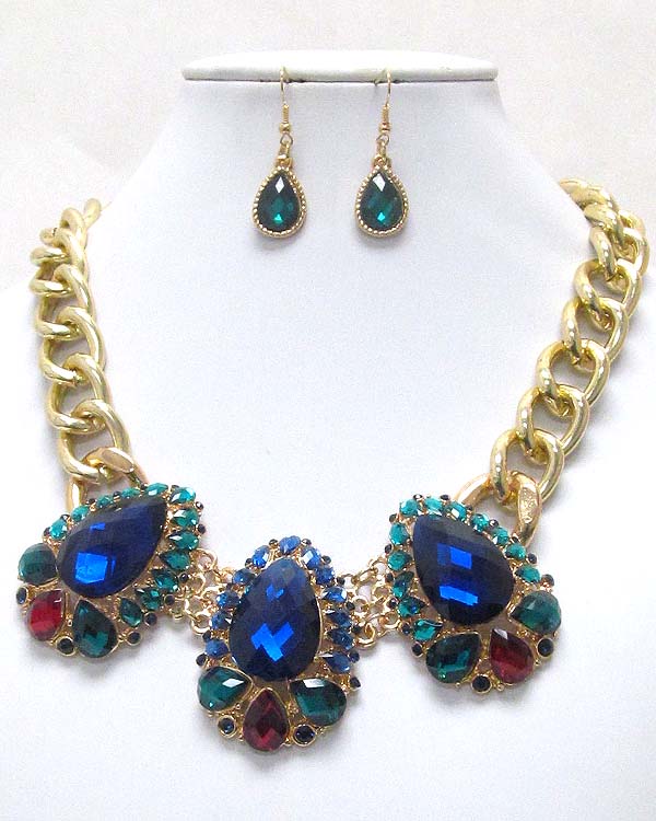 Multi crystal and facet glass deco and electro plating chain boutique style necklace earring set