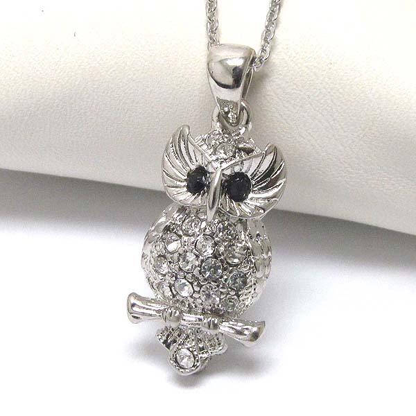 Geneuine rhodium  plating crystal owl pendant necklace