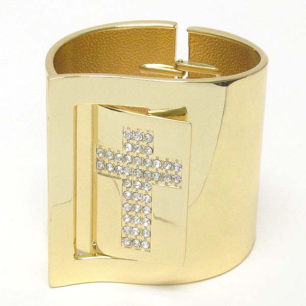 Crystal cross deco electro plating metal belt wide hinge bangle bracelet