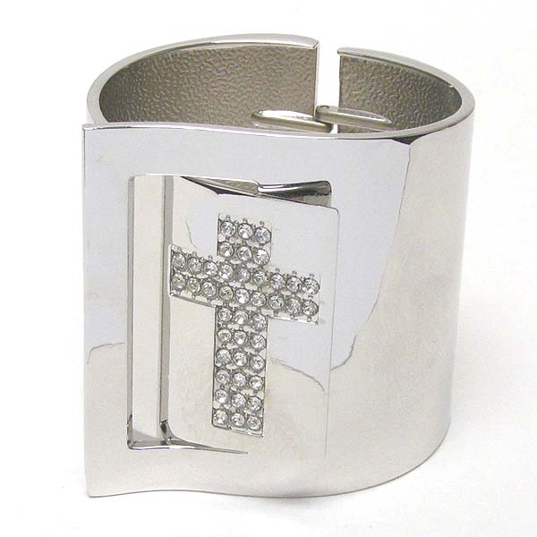 Crystal cross deco electro plating metal belt wide hinge bangle bracelet