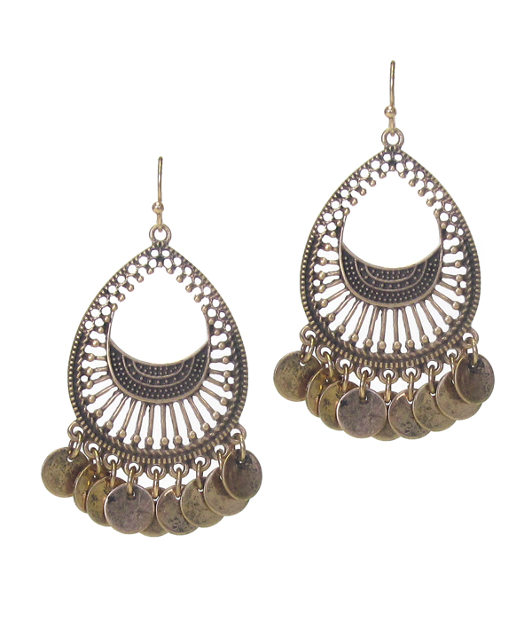 Vintage style metal filigree and disk dangle earring