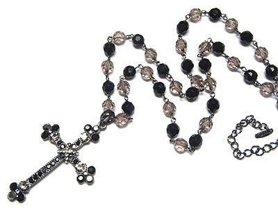 Crystal cross and glass beads chain necklace