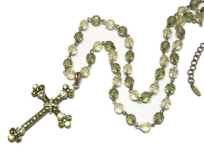 Crystal cross and glass beads chain necklace