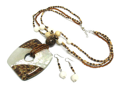 Ethnic style shell and wooden stick resin necklace set