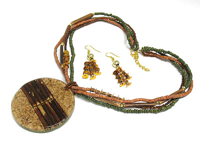 Ethnic style natural wooden stick resin necklace set