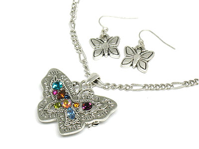 Crystal butterfly necklace set - dual use pendant or brooch